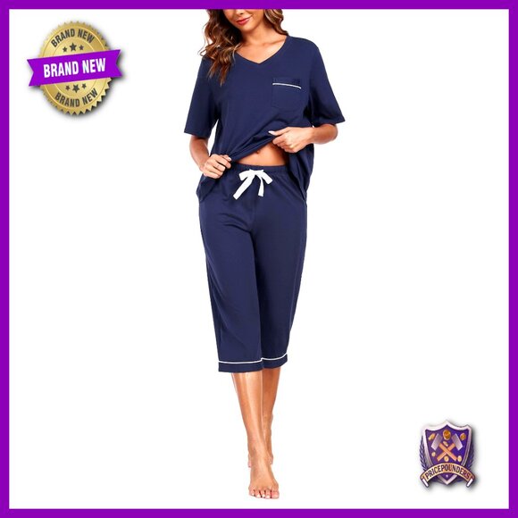 Cotton Pajama Set Short Sleeve Top Capri Pants Pockets Lounge Sleepwear Large